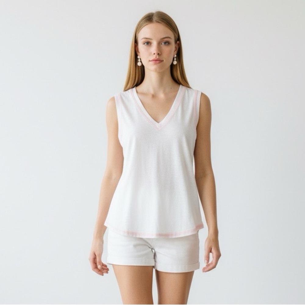 Six/Fifty White V-Neck Sleeveless Tank Top Pink Trim XS NWT Bloomingdales
